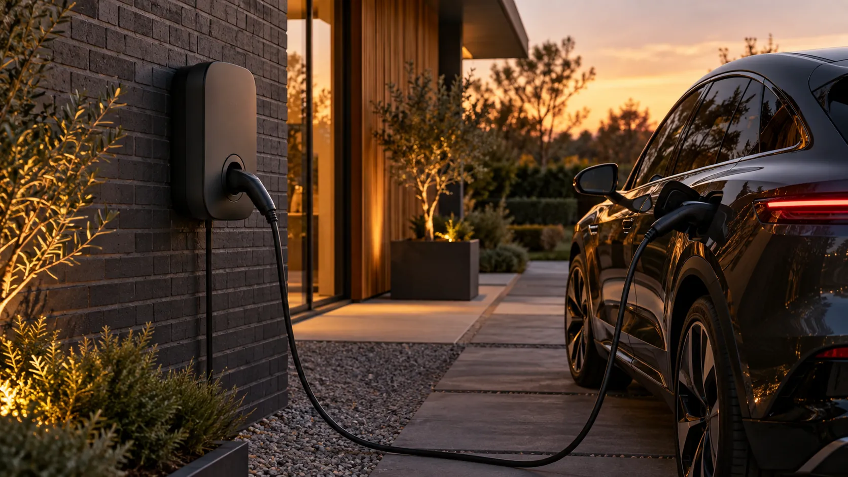 Elektrische auto aan een laadpaal bij een woning
